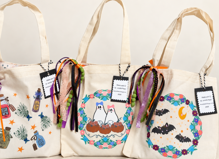 Halloween canvas tote bags featuring Janette’s artwork