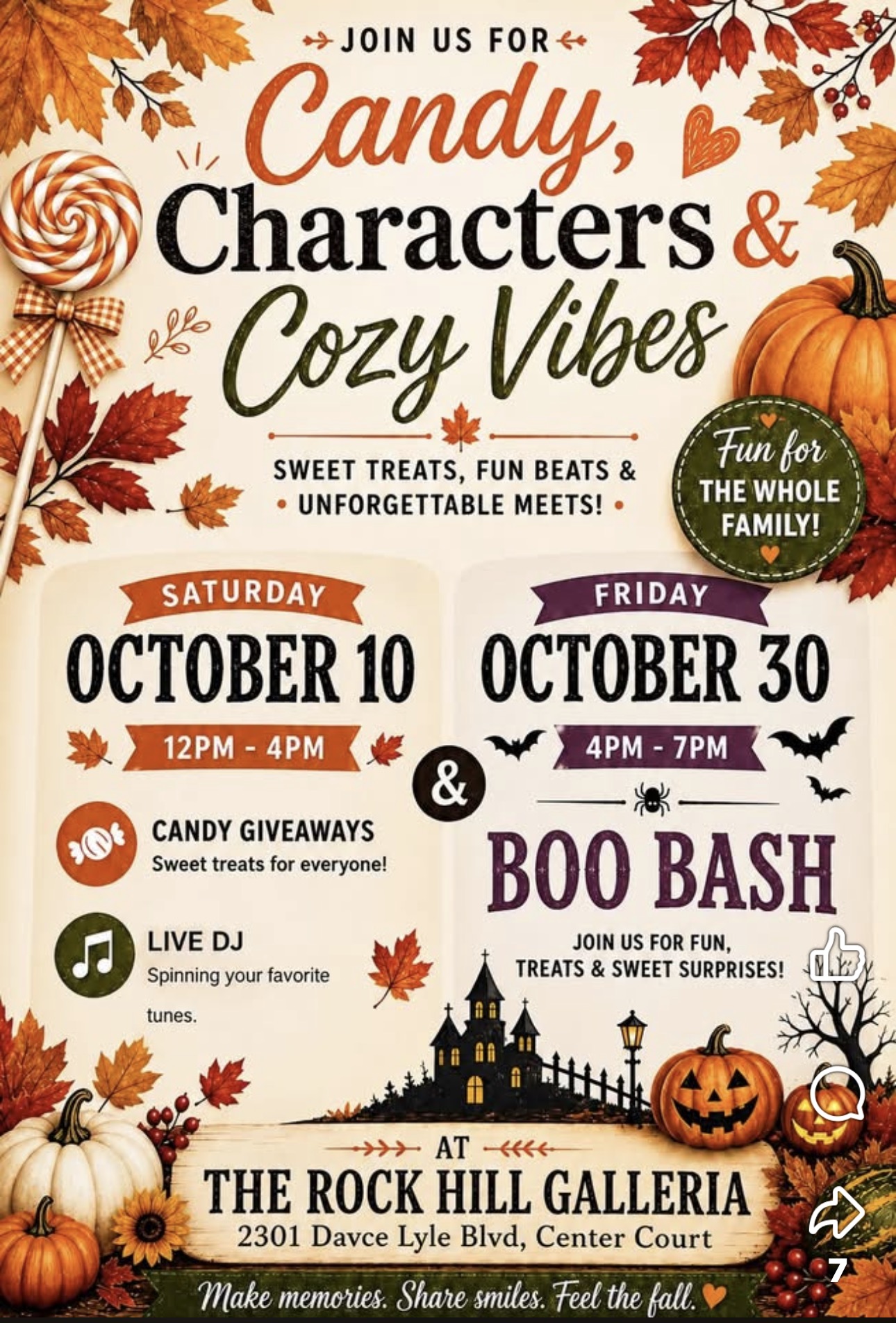 Rock Hill Galleria Boo Bash flyer for Friday, October 30, 2026, from 4 to 7 PM at Center Court.